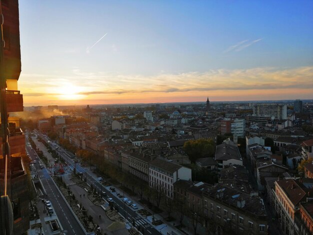 High angle view of cityscape against sky during sunset