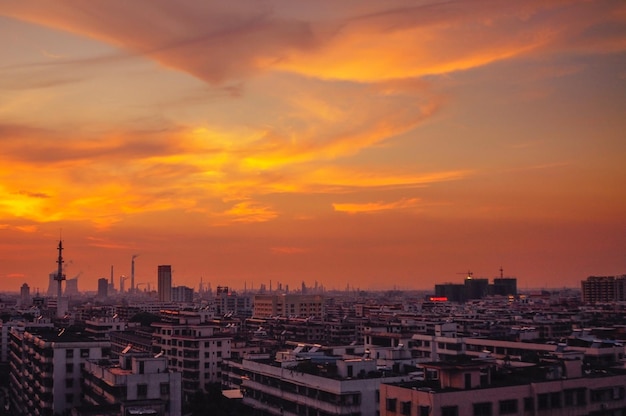 High angle view of cityscape against sky during sunset