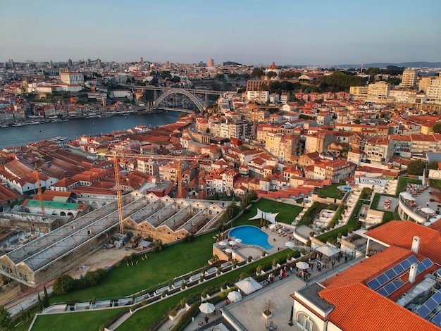 high angle view of cityscape during sunset
