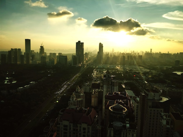 high angle view of cityscape during sunset
