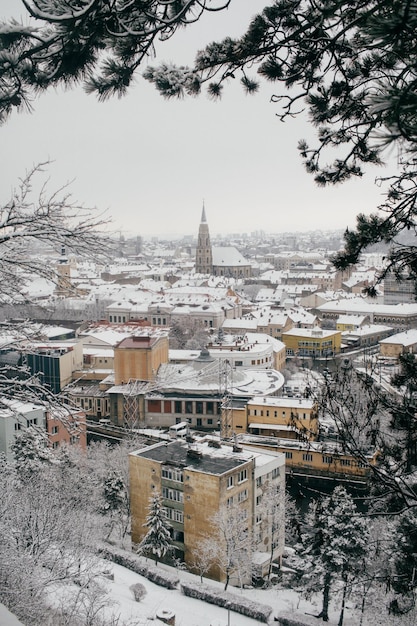 High angle view of cityscape during winter