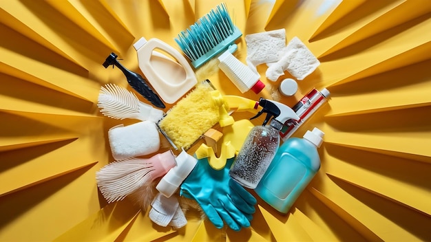 High angle view of cleaning products on yellow background