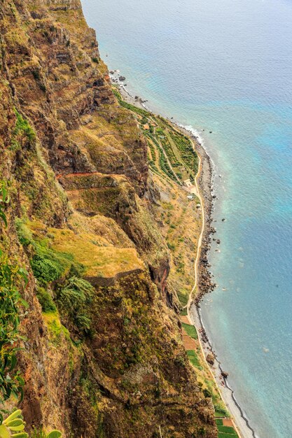 High angle view of cliff by sea against sky