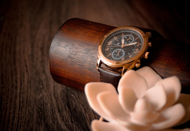 High angle view of clock on table