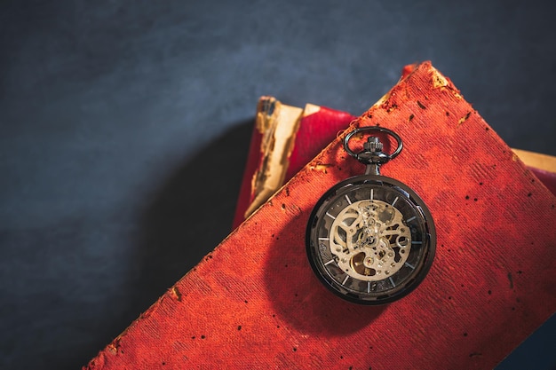 High angle view of clock on table