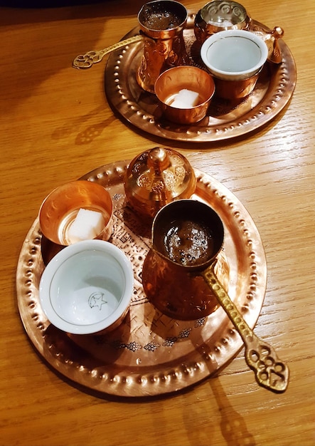 High angle view of coffee cup on table