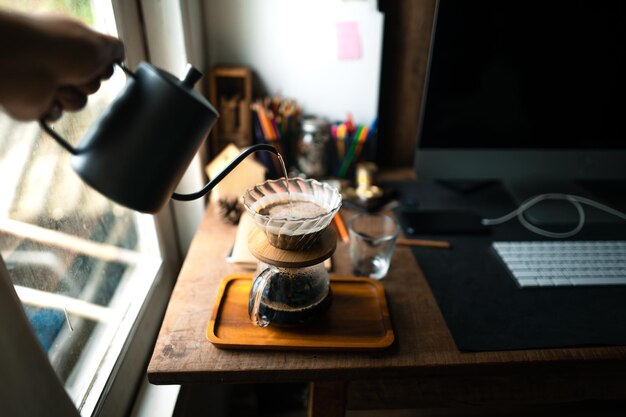 High angle view of coffee cup on table