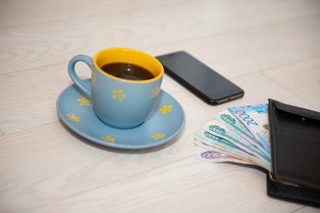 High angle view of coffee cup on table