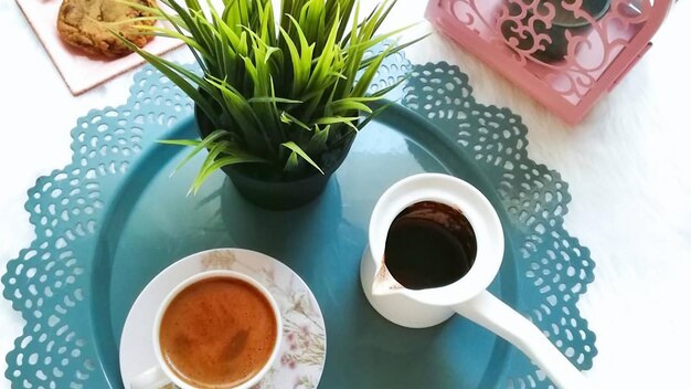 High angle view of coffee cup on table