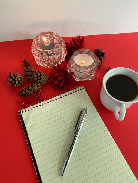 High angle view of coffee cup on table