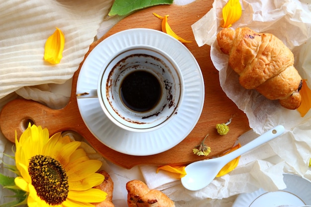 High angle view of coffee served on table