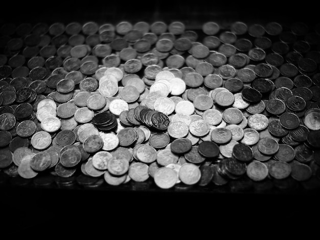 High angle view of coins on table