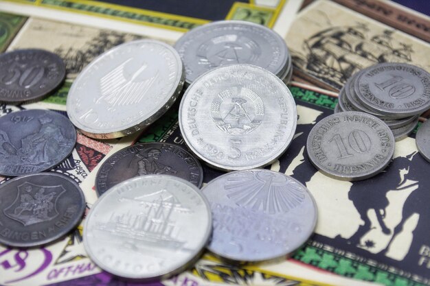 High angle view of coins