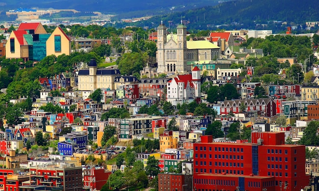 High angle view of colorful buildings in city