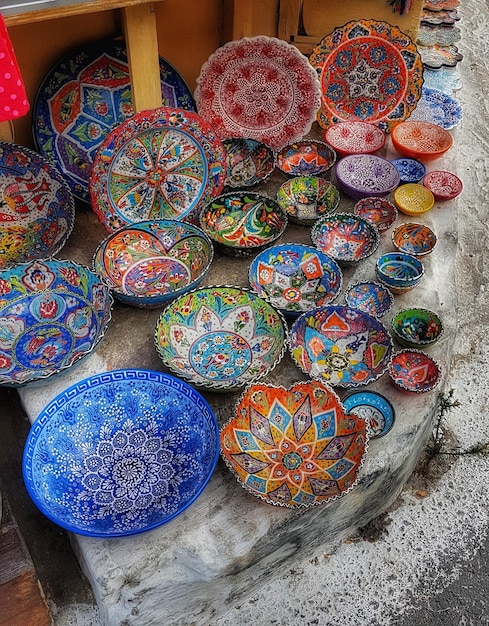 High angle view of colorful containers for sale in market