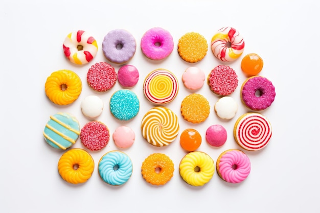 High angle view of colorful donuts at the bottom of blue background