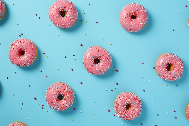 High angle view of colorful donuts at the bottom of blue background