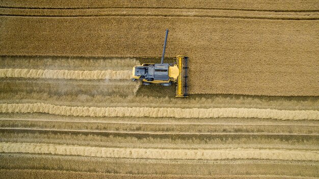 High angle view of combine harvester on field