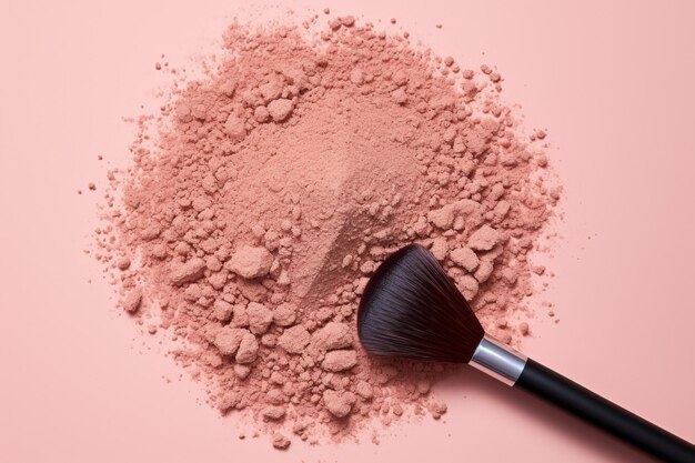 Photo high angle view of compact powder and brush on pink backdrop