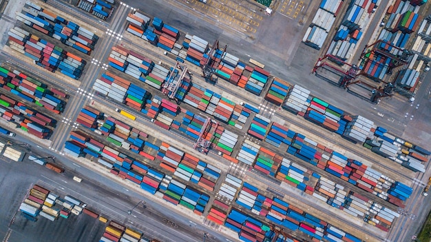 High angle view of container ship at commercial dock