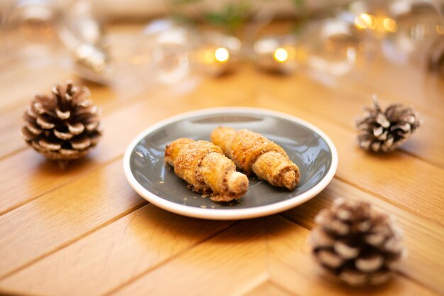 High angle view of cookies in plate on table