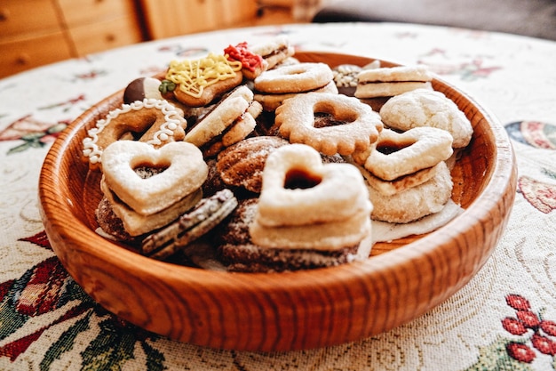 High angle view of cookies in plate on table