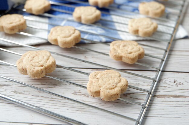 High angle view of cookies on table