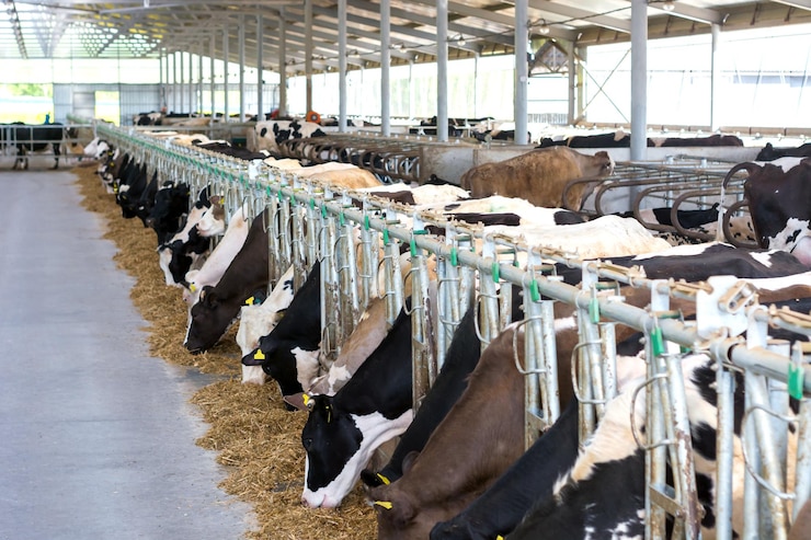 Photo high angle view of cows in shed