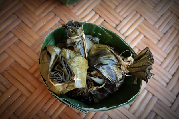 High angle view of crab in basket on table