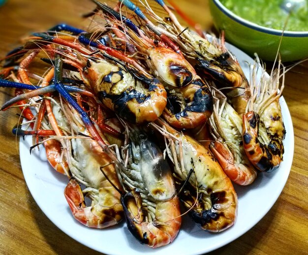 High angle view of crab in plate