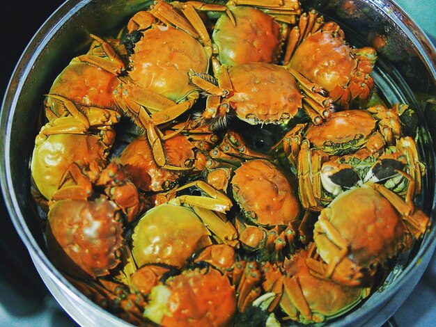 Photo high angle view of crabs in bowl