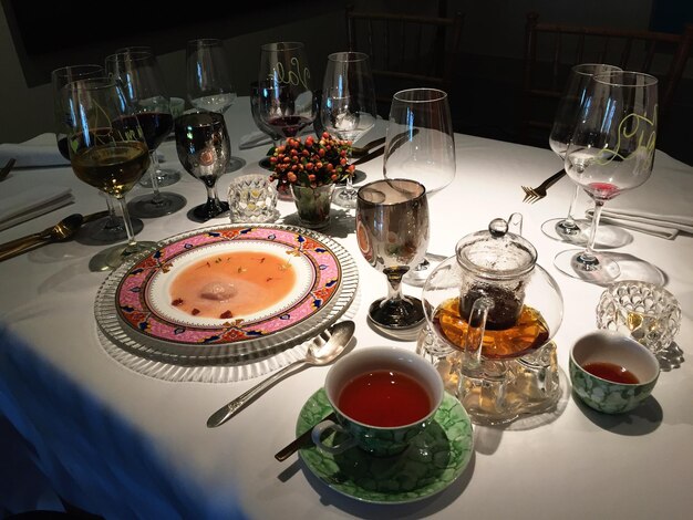 High angle view of crockeries arranged on table