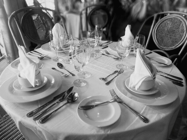 High angle view of crockery on table