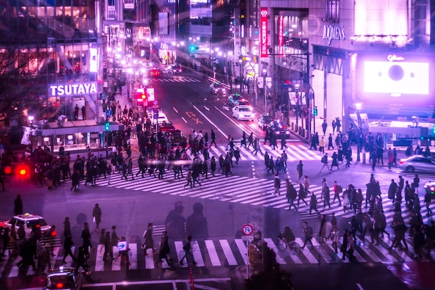 high angle view of crowd on city street at night