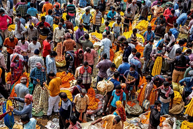 High angle view of crowd in flower market