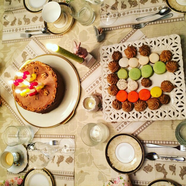 High angle view of cupcakes on table