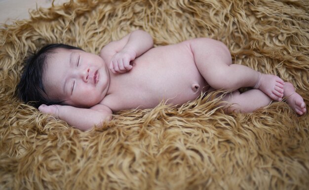 High angle view of cute baby sleeping on fur