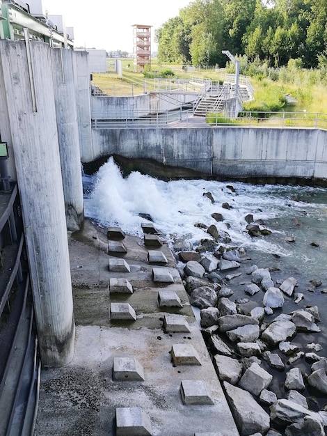 High angle view of dam by river