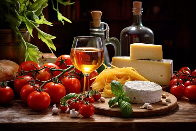 High angle view of delicious fresh italian food on table cloth over white table