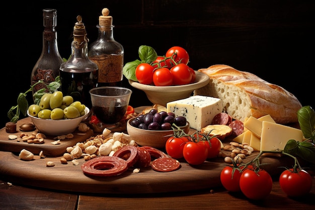 High angle view of delicious fresh italian food on table cloth over white table