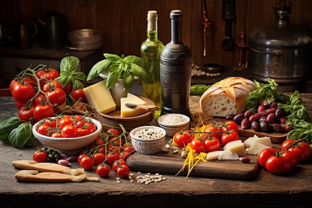 High angle view of delicious fresh italian food on table cloth over white table