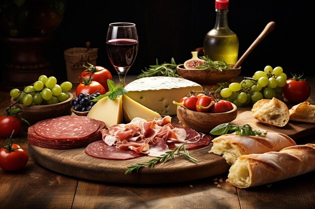 High angle view of delicious fresh italian food on table cloth over white table