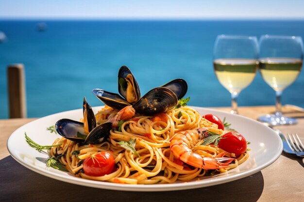 High angle view of delicious fresh italian food on table cloth over white table