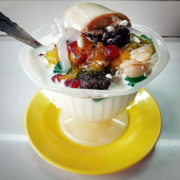 High angle view of dessert in bowl on table