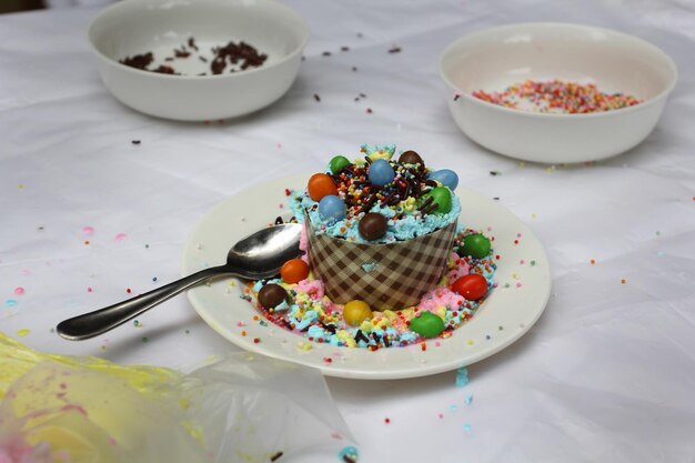 High angle view of dessert in plate on table