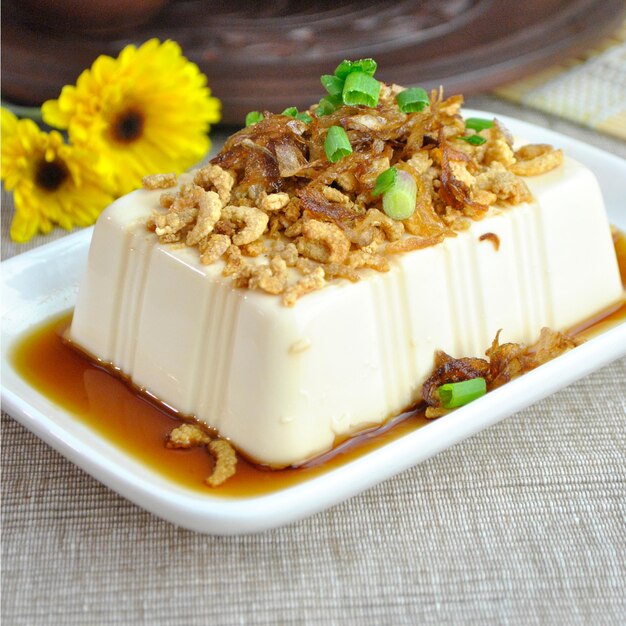 High angle view of dessert in plate on table