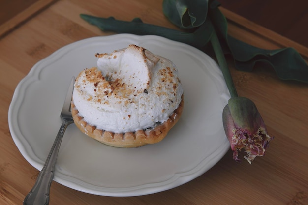 high angle view of dessert in plate on table