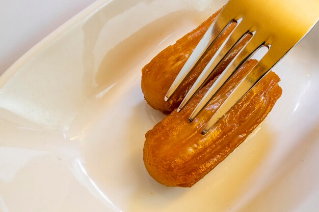 High angle view of dessert in plate on table