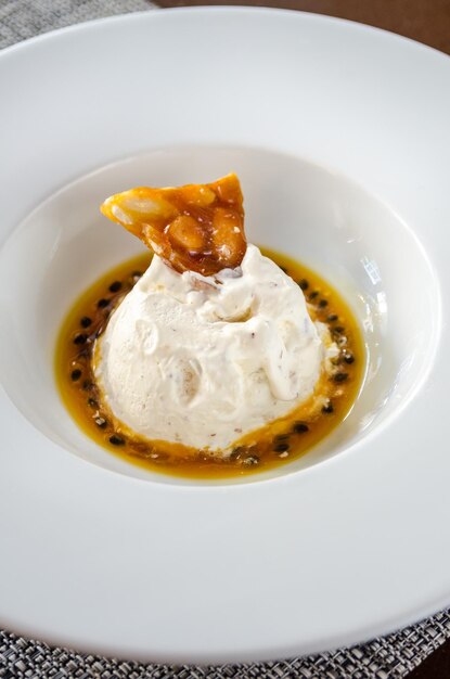 High angle view of dessert in plate on table