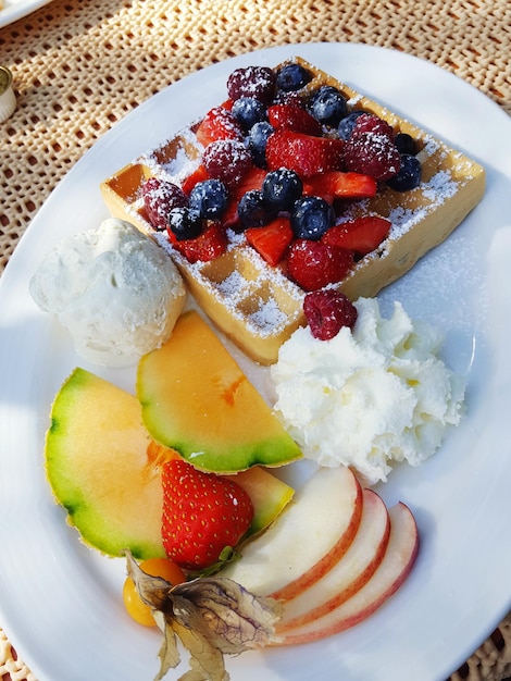 high angle view of dessert served in plate on table